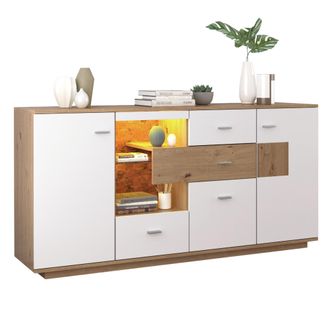 STILVORA Aparador Con 2 Puertas, 4 Cajones Y Estante De Cristal, Led 16 Colores, En Mdf, Blanco Y Natural, 160&times;40&times;77 Cm
