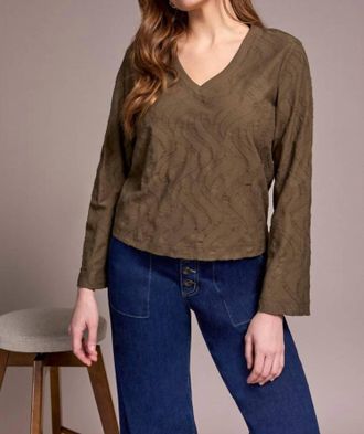 Tribal Jacquard Knit Long Sleeve V-Neck Top In Ivy