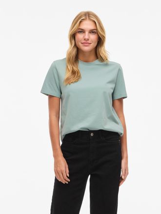 Vila Kurzarmshirt VILA VINORA S/S T-SHIRT - NOOS, Damen, Gr. XXL, blau surf, Jersey, Obermaterial: 96% Baumwolle, 4% Elasthan, unifarben, regular fit norma