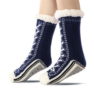 Generic Ultra-Thick Cute Slipper Home Socks, Ultra-Thick Cashmere Slipper Home Socks Womens Winter Christmas Sock With Grippers (Navy Blue)