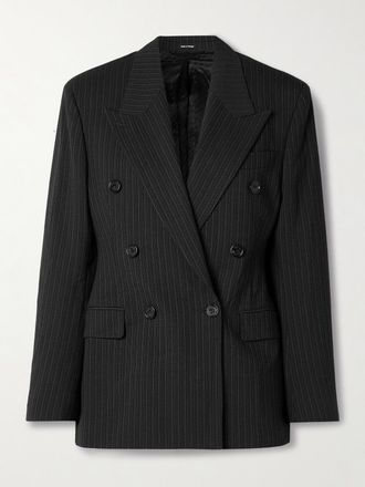 Acne Studios Blazer Doppiopetto Gessato In Misto Lana E Cotone - Nero