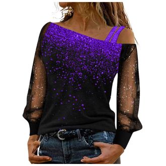 Generic Sequin Tops for Women Off Shoulder Long Mesh Sleeve Sparkly Sequined Blouse Top Ladies Patchwork Shining Glitter Pullover Tunics Sparkling Party T Shi