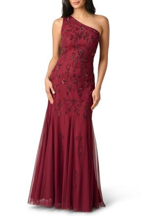 Adrianna Papell Beaded One-Shoulder Godet Gown in Mahogany at Nordstrom, Size 12