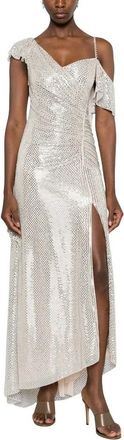 Self Portrait Rhinestone Ruffle Draped Maxi Jurk - Dames - Avondkleed - Grijs - XS - Polyester - Kleedjes
