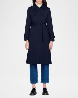 Sandro Navy Pleated-Back Belted Trench Coat