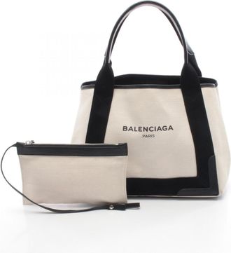 Balenciaga Black Ivory Navy Canvas Leather Handbag Tote Bag (Pre-Owned)