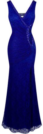 Angel Fashions Womens V Neck Lace Split Ruffled Beading Sheath Dress Royal Blue Size 22