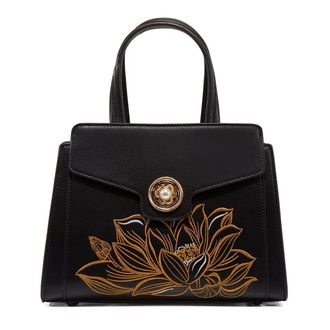 Generic Black Leather Handbag with Gold Lotus Embroidery, Pearl Button Closure, Top Handle Tote Bag