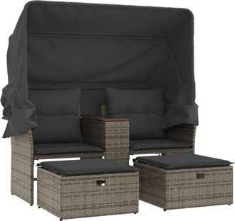 vidaXL Sof&aacute; De Jard&iacute;n 2 Plazas Con Toldo Y Taburetes Rat&aacute;n Pe Gris Vidaxl