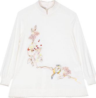 Shiatzy Chen floral-embroidered split-neck jumper - women - Mulberry Silk/Wool/Polyester - 38 - Neutrals