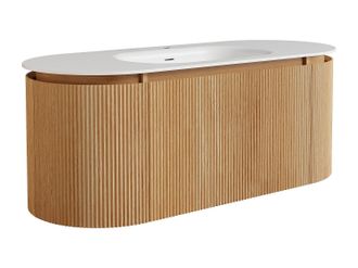 Vente-Unique Mueble de ba&ntilde;o suspendido estriado en madera de fresno con lavabo encastrado de resina blanco mate - Natural claro - An. 120 cm - LILIKO