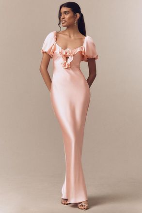 De La Vali Eden Satin Puff-Sleeve Column Maxi Dress