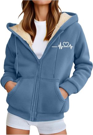 Generic Fleece Zipped Hoodies for Women UK Heart Print Ladies Hoodies Oversized Zip Up Hoodie Women Casual Fall Winter Sweatshirts with Pockets, Fashion Jacke