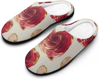 Generic Gold Valentines Heart Roses Slippers Men Winter Warm Cotton Anti-Slip Indoor Slip-Ons House Shoes