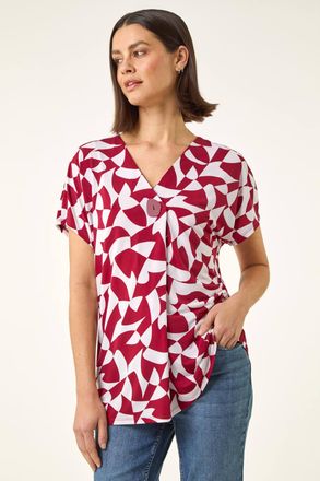 Roman Abstract Print V-Neck Stretch Top