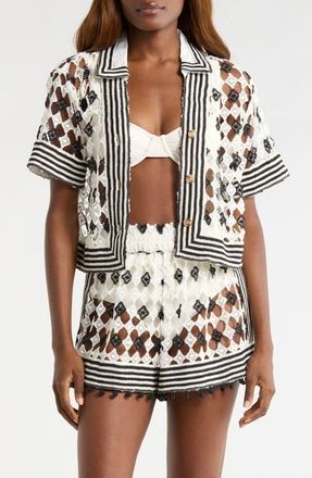 Ramy Brook Betty Crop Open Stitch Cover-Up Shirt in Black/Sandstone Crochet at Nordstrom, Size X-Large