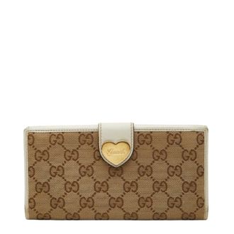 Gucci Beige White Canvas Leather Long Wallet (Bi-Fold) (Pre-Owned)