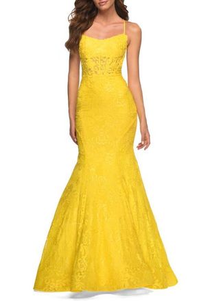 La Femme Bright Mermaid Lace Gown with Sheer Bodice and Open Back in Yellow at Nordstrom, Size 00