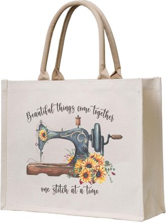 Generic Beautiful Things Come Together Canvas Tote Bag For Sewers & Knitters, Sewing Theme Reusable Grocery Bag, Funny Crafting Gift For Women, Large Capacity