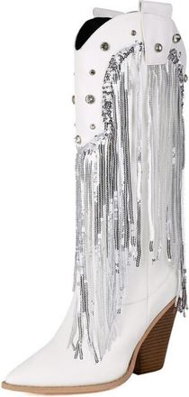 Generic Womens Pointed Toe Long Boots with Beaded Pull on Mid-Calf Boots Block High Heel Western Cowboy Boot,White,4.5 UK