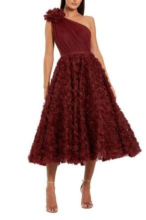 Mac Duggal Lace One Shoulder 3D Flower A Line Midi Dress in Wine at Nordstrom, Size 12