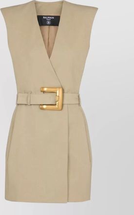 Balmain cotton v-neck sleeveless belted mini dress