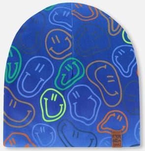 Deux par Deux Stretch Jersey Printed Smileys Beanie in Blue Printed Smileys at Nordstrom, Size 12-24 M