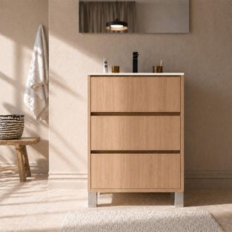 Aurlane Pack Mueble De Ba&ntilde;o 50cm Roble Claro 3 Cajones Con Lavabo De Cer&aacute;mica