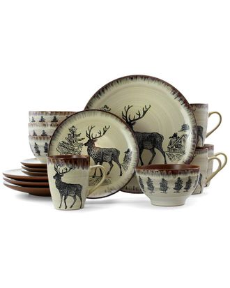 Elama Majestic Elk 16pc 3-Tier Stoneware Dinnerware Set