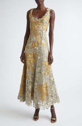 Oscar De La Renta Hibiscus Metallic Guipure Lace Midi Dress in Gold/White Gold at Nordstrom, Size 4
