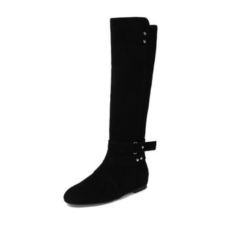 Generic Womens Flat Heel Knee High Boots with Buckle Round Toe Casual Boots Faux Suede Long Boot with Side Zipper,Black Velvet Lining,3.5 UK