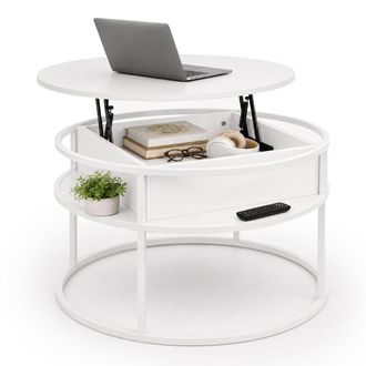 Relaxdays Mesa De Centro Relaxdays Con Almacenaje (al X &Oslash;) 47 X 80 Cm, Tapa Elevable, Mdf Y Metal, Redonda, Blanca