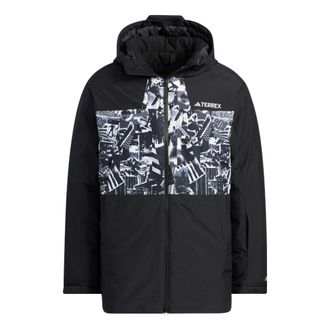 adidas Pattern Printing Hooded Down Jacket Mens Black IJ5970
