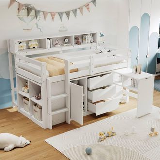 Merax White 3ft Single Storage Bed, Mid Sleeper Bed with Pull Out Desk