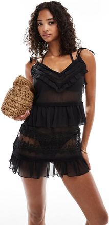 Miss Selfridge Vestito corto da spiaggia nero in chiffon con dettagli in pizzo