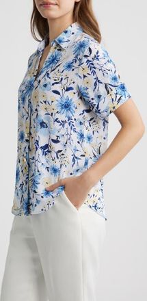 Anne Klein Floral Short Sleeve Button-Up Top in Crisp White Multi at Nordstrom, Size X-Large P