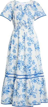 Sugarlips Punta Alta Ordy Smocked Midi Dress in White Blues at Nordstrom, Size X-Large