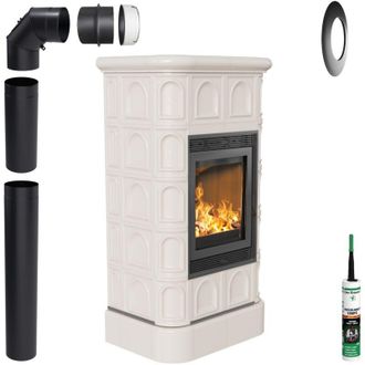 Kratki Kachelofen BLANKA 8kW &Oslash;160 creme Holz freistehend mit Zubeh&ouml;r