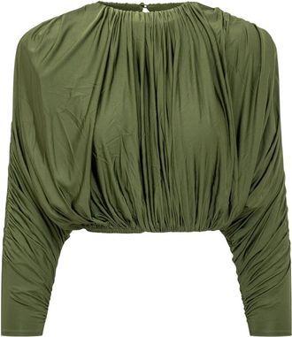 Self Portrait Jersey Gathered Top - Dames - Longsleeves - Groen - XS - Tops