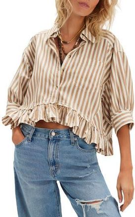 Free People Bailey Stripe Ruffle Hem Cotton Button-Up Shirt in Neutral Combo at Nordstrom Rack, Size X-Large