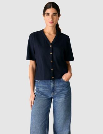 Whistles Ella V-Neck Button Through Top in Navy at Nordstrom, Size X-Small