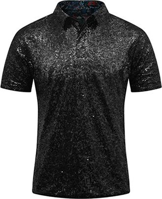 Generic Mens Sequins T Shirts Polos Relaxed Short Sleeve Turndown Sparkles Sequins Shirts Causal Loose 7s Disco Nightclub Party TTops Shiny Festival Carnival 