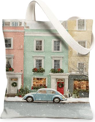 Generic Winter Street Scene Canvas Tote Bags, Vintage Home Decor Pattern Reusable Grocery Bags, Festive Lightweight Washable Should, Blue, 13x15 Inch