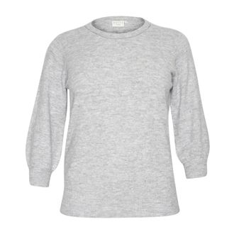 Kaffe Curve Grijze Melange Trui met Glimmerrand - Dames - Ronde hals truien - Grijs - L - Polyester - Truien & Vesten