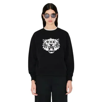 Kenzo Sweatshirts, female, Black, Size: L Felpa ricamata Happy Tiger