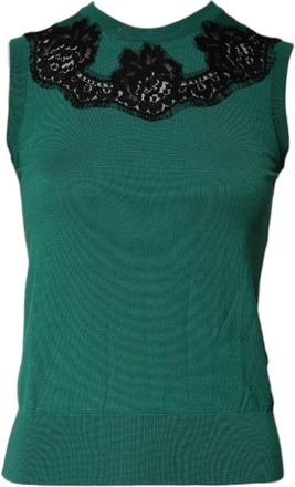 Dolce & Gabbana Groene kanten tanktop - Dames - Ronde hals truien - Groen - 2XS - Nylon - Truien & Vesten