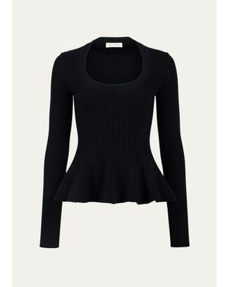 Alaia Wool Rib Long-Sleeve Peplum Top