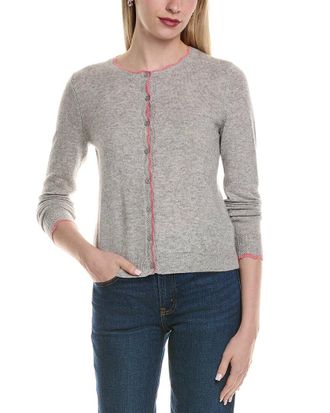Sofiacashmere Tipped Scalloped Wool & Cashmere-Blend Cardigan
