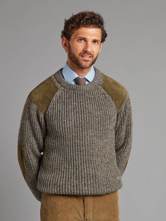 Oliver Brown Crew Neck Jumper with Patches - Olive Brown Melange