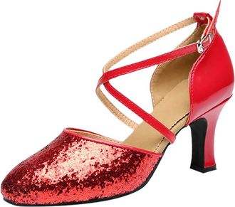 Generic Square Prom Ballroom Dance Latin Shoes Dance Womens Shoes Womens Middle Heels Open Toe Wedding Shoe (Red, 6.5)